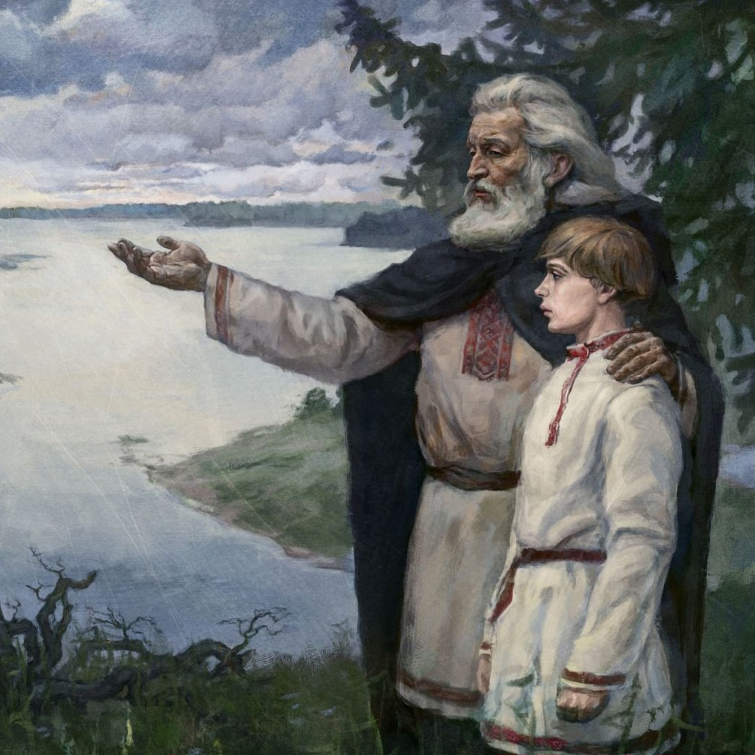 Мудрость рода путь. Старец и ученик. Славянская природа. Люди на Руси. Старец и ученик живопись.